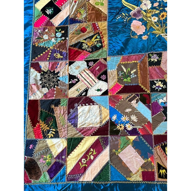 Antique Handmade Blue Silk Velvet Needlepoint Embroidery Painted Crazy Quilt For Sale In Tampa - Image 6 of 9