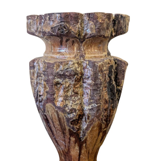 Rustic Vintage Hand-Carved Wabi-Sabi Chrysanthemum Wood Vase For Sale - Image 3 of 11