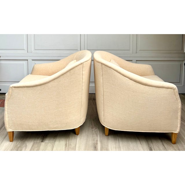 Pair of Vintage Curved Barrel Chairs in Pale Apricot Linen Blend For Sale - Image 15 of 16