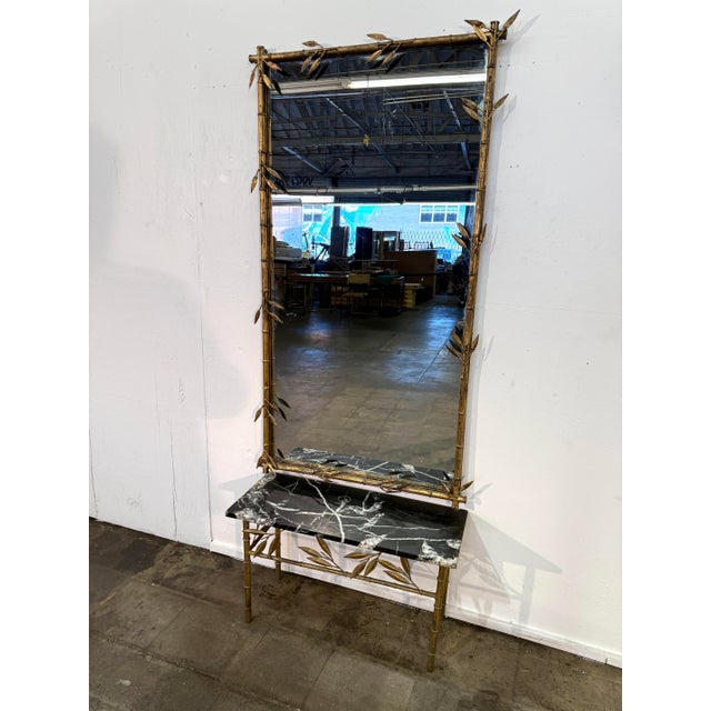 Wood Italian Gilt Bamboo Mirror With Black Marble Console and Leaf Motif, Mid-Century Design For Sale - Image 7 of 12