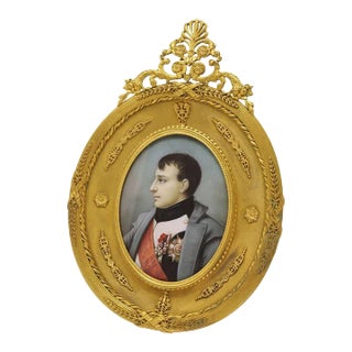 Antique Napoleon Miniature Portrait Painting Gilt Bronze Frame Signed Latour For Sale