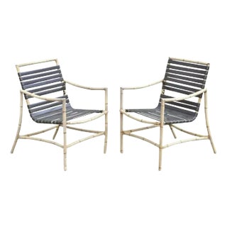 Late 20th Century Faux Bamboo Chinese Chippendale Aluminum Vinyl Strap Pool Arm Chairs - a Pair For Sale