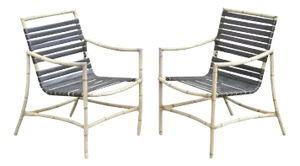Late 20th Century Faux Bamboo Chinese Chippendale Aluminum Vinyl Strap Pool Arm Chairs - a Pair