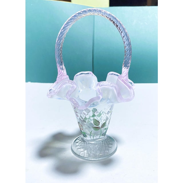 Signed Hand Painted Fenton Art Glass Basket, Pink Opalescent Ruffled Edge, Signed S. Massey For Sale - Image 9 of 16