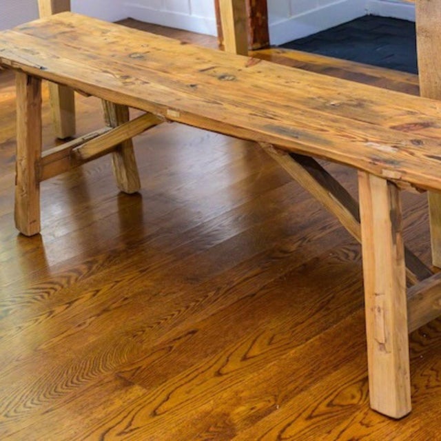 Rustic European Vintage Rustic Pine Bench With Trestle Base For Sale - Image 3 of 11
