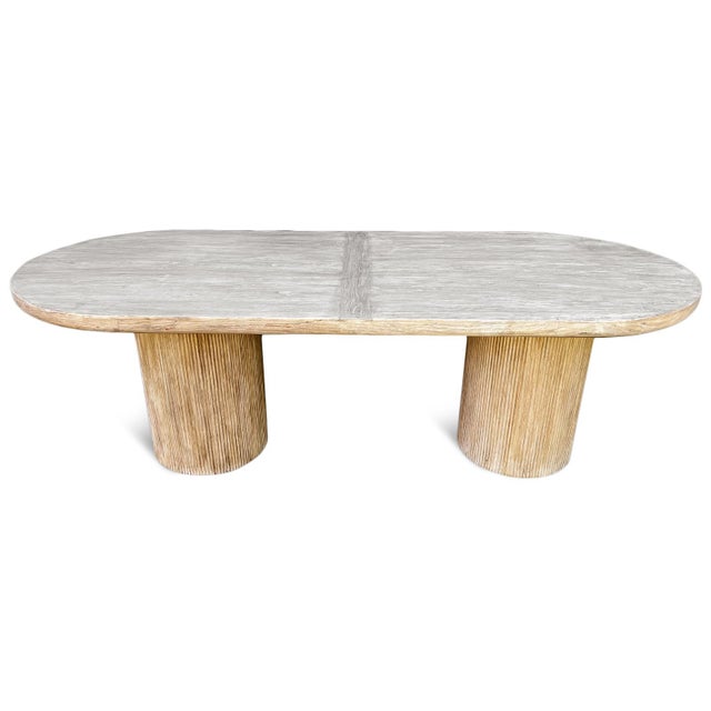 Vintage solid elm wood oval top dining table. Two round pedestal legs with carved striated detail. Great for many interior...