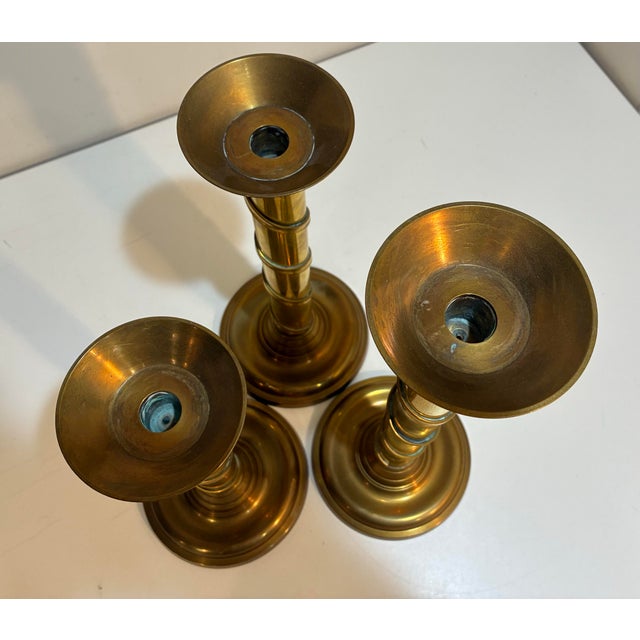 Metal Vintage Graduated Solid Brass Spiral Candlesticks, Set of Three, 12”, 14” & 16 For Sale - Image 7 of 9