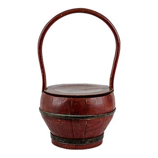 Antique Dark Wooden Chinese Wedding Basket in Red Lacquer With Floral Painted Lid For Sale