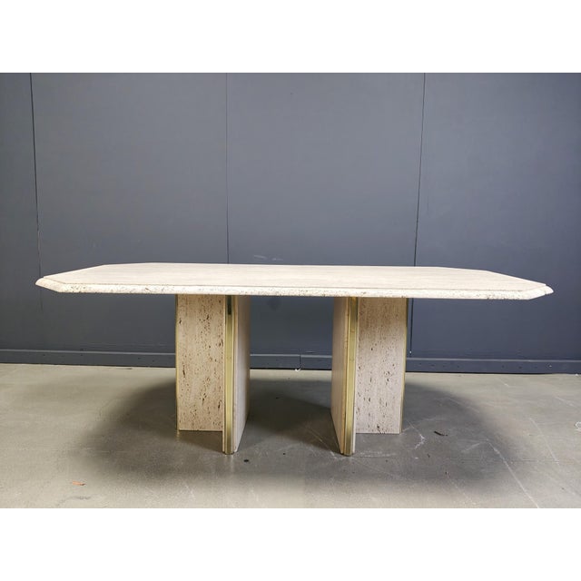 Vintage Italian Travertine and Brass Dining Table, 1970s For Sale - Image 4 of 7