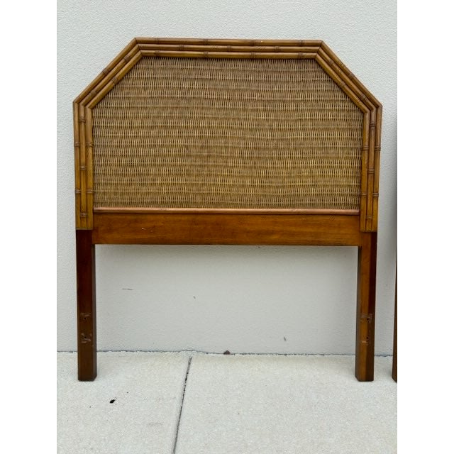 Hollywood Regency Dixie Faux Bamboo and Woven Wicker Twin Headboard Pair For Sale - Image 3 of 6