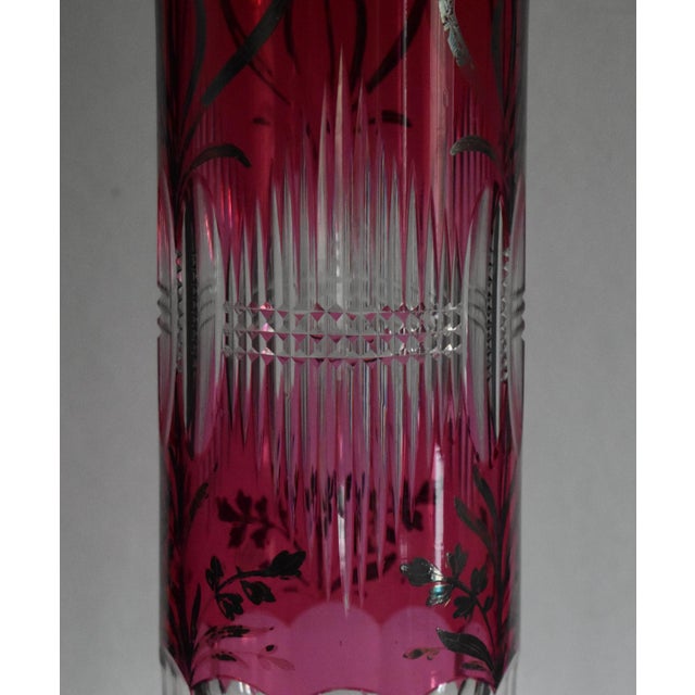 Vintage Clear Crystal Vase Bohemian Ruby Cut Cylinder Etched Silver Overlay For Sale - Image 9 of 15