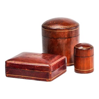 Neat Trio Collection of Mid Century Vintage Italian Leather Boxes Italy Home Decor For Sale