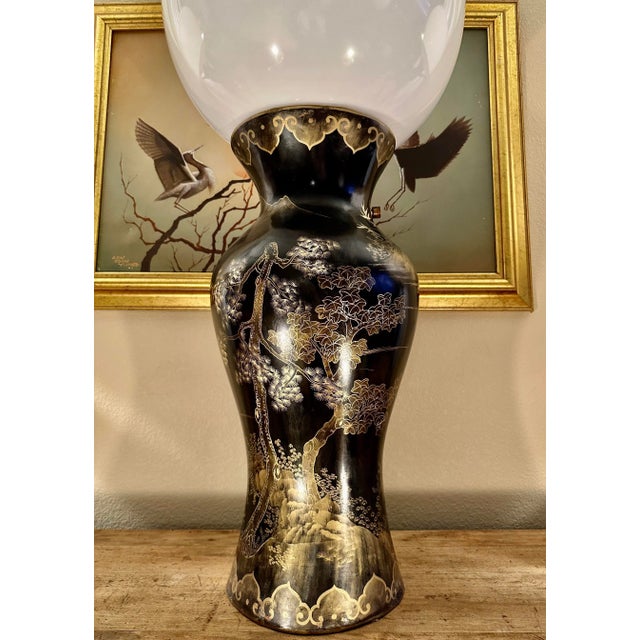 Large Late 19th Century Large Chinese Hand Painted Gilt Papier-Mâché Black Lacquer Vase Globe Table Lamp For Sale - Image 10 of 12