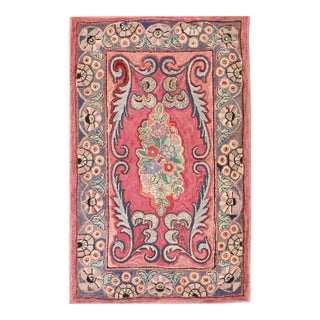 1890s Pink Medallion Folk Art Antique American Hooked Rug 3'10" X 6'0" Handknotted Wool Carpet For Sale