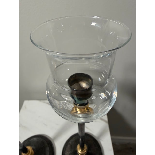 Italian Vintage Italian Brass and Silver Plate Hurricane Candlestick Holders For Sale - Image 3 of 5