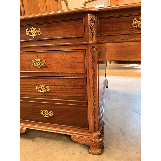 Mid-20th Century Chippendale Style Mahogany Partners Executive Desk With Embossed Leather Top, Circa 1950s For Sale - Image 18 of 18