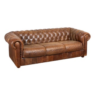 20th Century English Vintage Brown Leather Chesterfield Three Seat Sofa For Sale