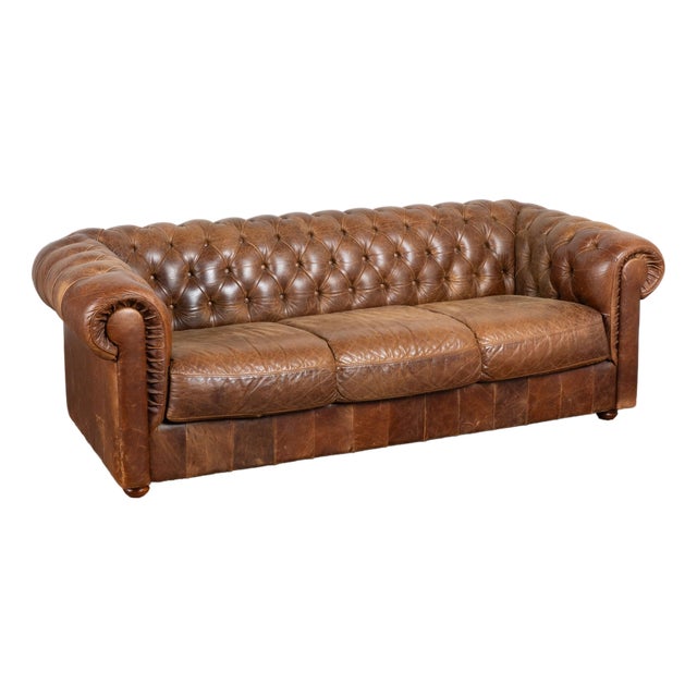 20th Century English Vintage Brown Leather Chesterfield Three Seat Sofa For Sale