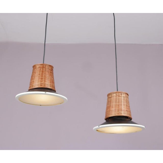 Black Hanging Lamps in Wicker, Black Metal, and Glass, 1950s, Set of 2 For Sale - Image 8 of 8