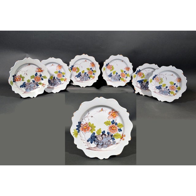 Bristol Delftware Polychrome Chinoiserie Scalloped Plates, Set of Six Circa 1760 This set of six Bristol delftware plates...