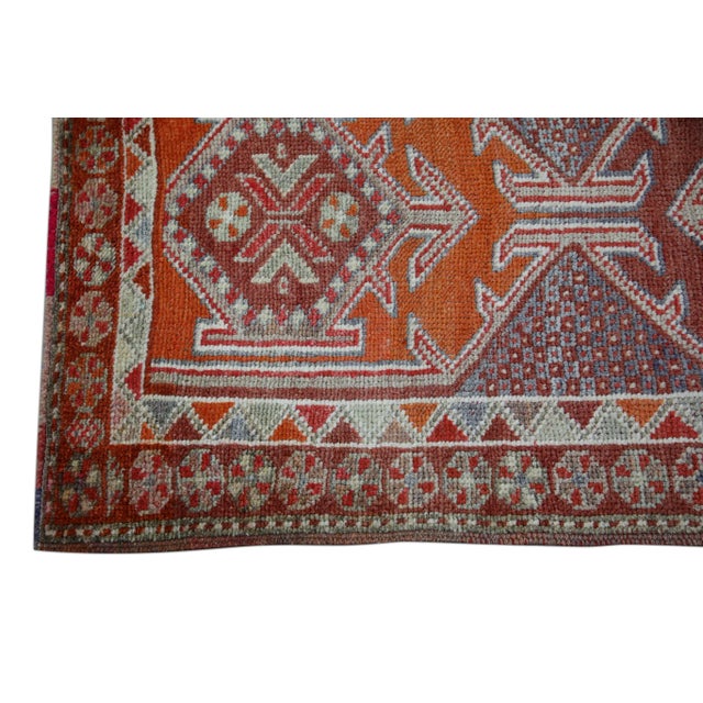 Modern 1960s Red & Orange Geometric Design Handwoven Wool Vintage Turkish Oushak Runner 2'11" X 12'7" For Sale - Image 3 of 6