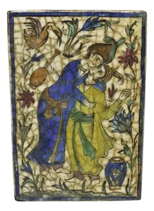 Antique Persian Iznik Qajar Style Ceramic Pottery Tile Man and Woman Embrace C1
