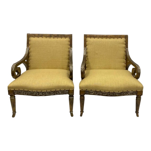 Neo-Classical Style Bergere Chairs W/ Faux Tortoise & Silver Gilt Frames - Pair For Sale