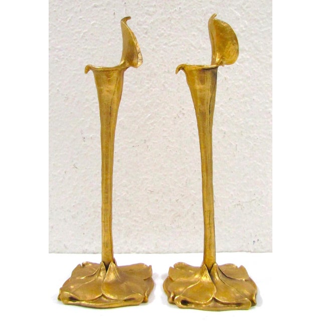 Metal Late 19th Century Pair Art Nouveau German Cast Brass Calla Lily Candlesticks Attributed to Richard Müller For Sale - Image 7 of 13