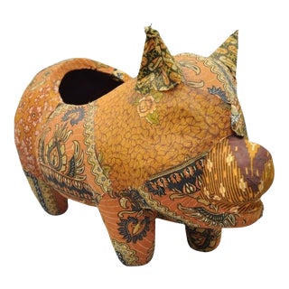 Vintage Boho Chic Paper Mache Pig Planter Pot Orange Fabric For Sale