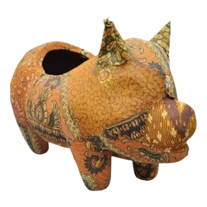 Vintage Boho Chic Paper Mache Pig Planter Pot Orange Fabric