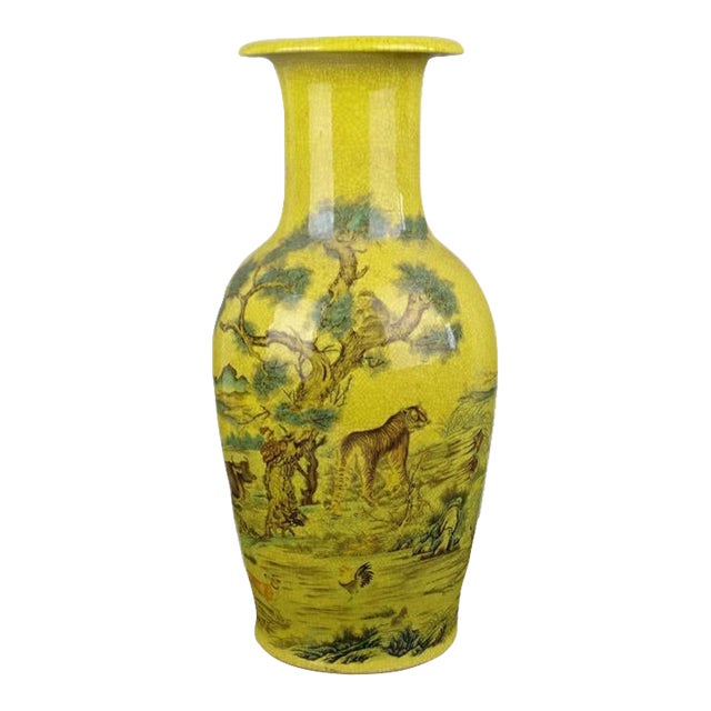 Antique Chinese Ceramic Qing Dynasty Qianlong Marked Yellow Ground Crackle Glaze Porcelain Vase Hand Painted Twelve Chinese Zodiac Signs Pattern For Sale