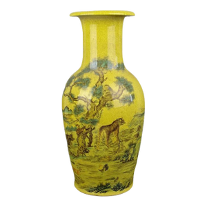 Antique Chinese Ceramic Qing Dynasty Qianlong Marked Yellow Ground Crackle Glaze Porcelain Vase Hand Painted Twelve Chinese Zodiac Signs Pattern