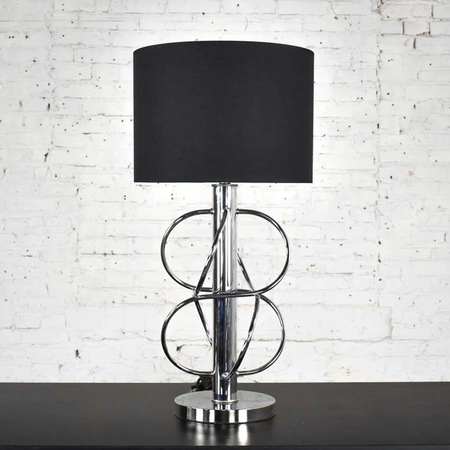Vintage Mid-Century Modern Polished Chrome Table Lamp New Black Drum Shade For Sale - Image 13 of 13