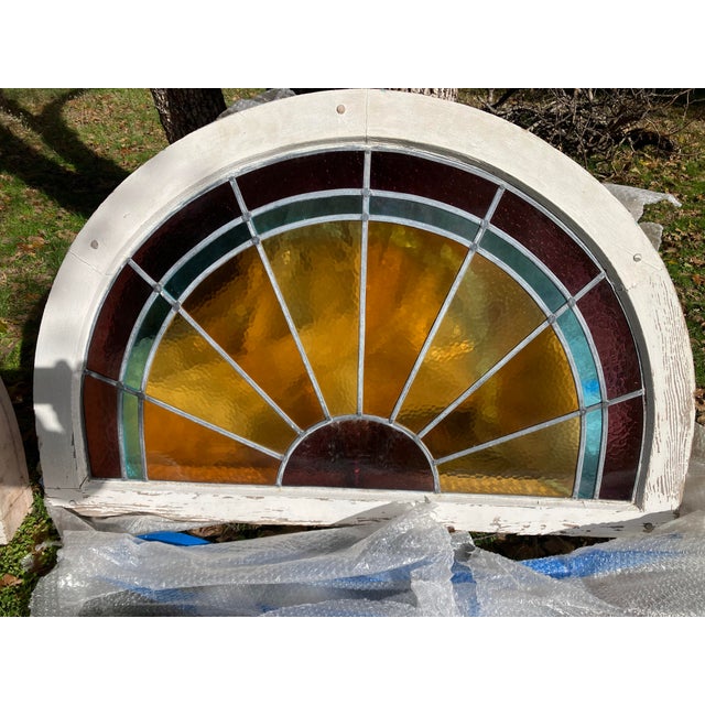 Art Deco Set of 4 Antique Leaded Stained Glass Fanlight Windows – Amber & Aqua – Circa 1900 Architectural Salvage For Sale - Image 3 of 7