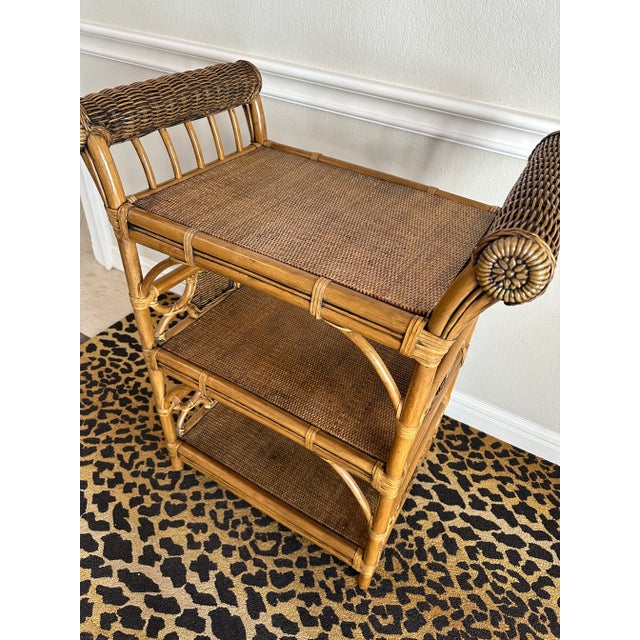 Brown Vintage Rattan, Wicker & Cane Etagere Shelf With Leather Bindings For Sale - Image 8 of 17
