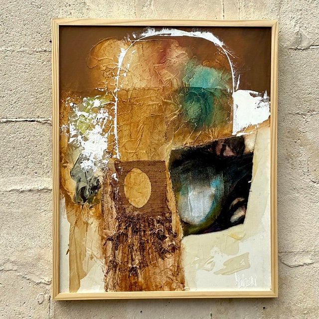 Embrace the eclectic spirit with this vintage Boho mixed media painting on canvas. Layered textures and vibrant hues...