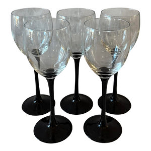 Mid 20th Century Set of 5 Luminarc Black Stem Wine Glasses