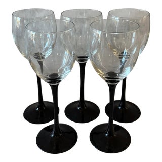 Set of 5 Luminarc Black Stem Wine Glasses For Sale