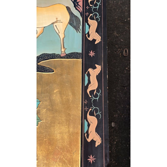 Signed Ten Horses Vintage Chinese Four Panel Screen Gold & Turquoise Shi Jun Tu For Sale - Image 10 of 15