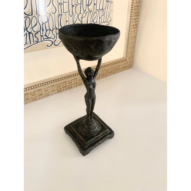 Metal Bronze Female Figure Holding a Cup For Sale - Image 7 of 9