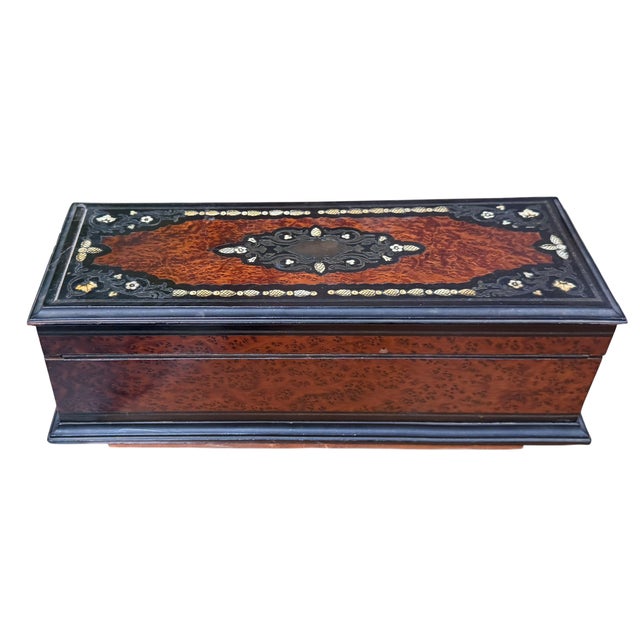 Antique Louis Philippe French Inlaid Glove or Jewelry Box. It features red tufted satin lining.