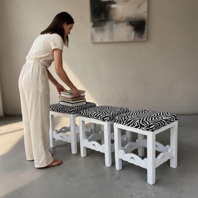 Black Vintage Portuguese Rustic Wood Stool White with Zebra Fabric Upholstery, 1940s For Sale - Image 8 of 18