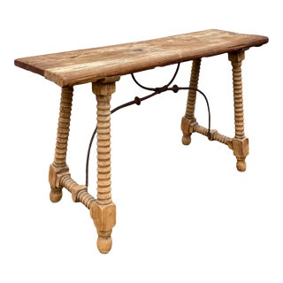 Spanish Portuguese Carved Wood Dining Fratino Table W/ Iron Stretcher For Sale