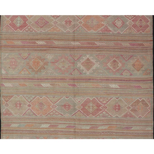 Colorful Vintage Embroidered Kilim With Stripes and Alternating Geometric Motifs 6'9 X 9'3 For Sale - Image 9 of 13
