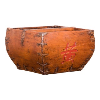 Chinese Early 20th Century Grain Basket with Red Calligraphy and Braces For Sale