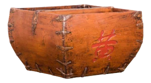 Chinese Early 20th Century Grain Basket with Red Calligraphy and Braces