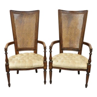 Vintage Hollywood Regency Tall Cane Back Fireside Lounge Armchairs - A Pair For Sale