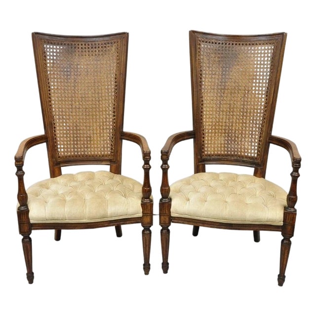 Vintage Hollywood Regency Tall Cane Back Fireside Lounge Armchairs - A Pair For Sale