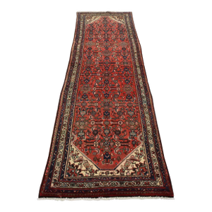 Hamedan Runner 3'5'' X 10'1'' Red Wool Semi-Antique Tribal Hand-Knotted Rug