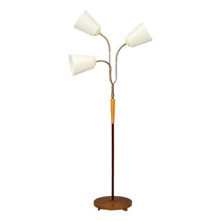 Swedish Modern, Adjustable Floor Lamp, Wood, Brass, Red Lacquer, Sweden, 1940s For Sale